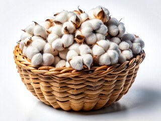 Rustic white cotton basket brimming with organic bolls; textile and agricultural photography showcases rural harvest.