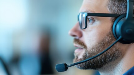 A call center operator is actively engaged in a conversation, delivering exceptional customer support amid the hustle and bustle of a busy weekday in a contemporary office setting