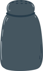 Dark blue salt shaker with perforated lid and rubber band is waiting to be used, isolated on white background, simple cartoon style condiment dispenser