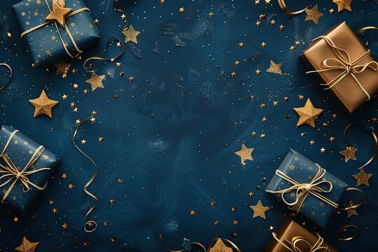 New Year banner. Christmas gift boxes tied with bows, balls, golden decorations. Season's greetings scene perfect for messages or promo. Xmas frame. Gifts on dark blue. Presents with stars, confetti - Powered by Adobe