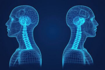 Digital Wireframe Human Organs 3D Model with Glowing Effect. Digital representation of human heads in a wireframe style