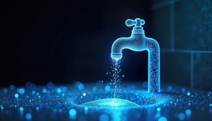 Digital illustration shows futuristic water faucet with flowing blue particles. Water flows from faucet in virtual space. Tech visualization emphasizes eco-friendly concept of water conservation.