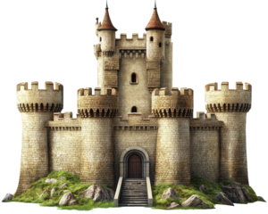 medieval castle with towers and stone walls, surrounded by grass and rocks, evokes sense of history and grandeur