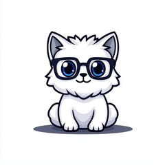Cute cartoon cat mascot wearing glasses sits adorably, showcasing its fluffy white fur and cheerful expression in an artistic concept design