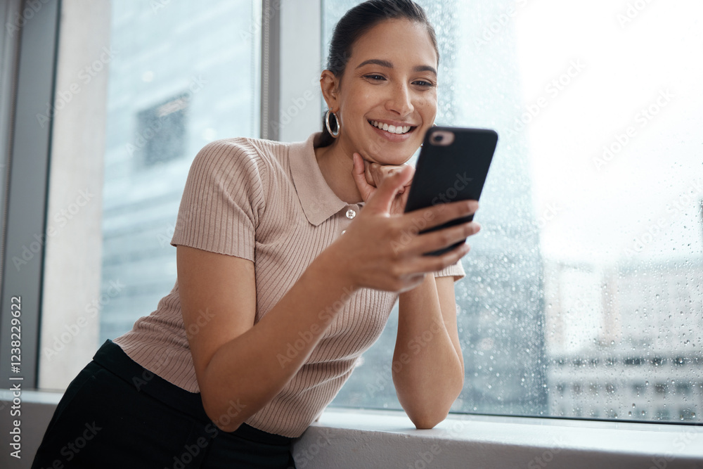 Poster business, woman and happy with phone by window for checking weather app, work break and online storm