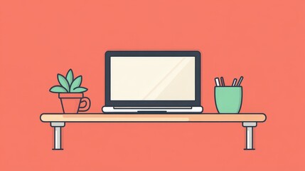A simple work desk with a laptop, a cup of coffee, a planner, and a small potted plant, designed for a quiet and focused work atmosphere