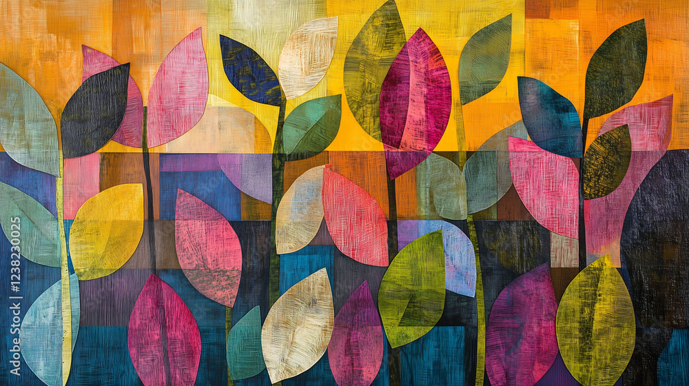 Poster harmonious colors and shapes create an abstract collage of leaves against a vibrant background. gene