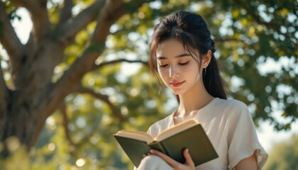 Fototapeta premium Asian female young adult reading book outdoors under tree in sunlit park