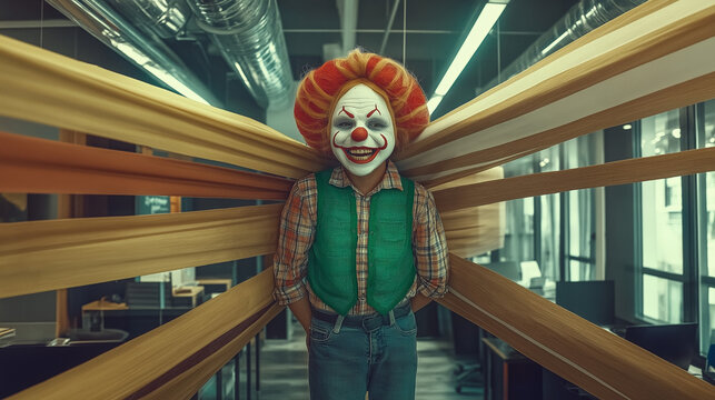 Clown stuck in office ribbons, smiling mischievously