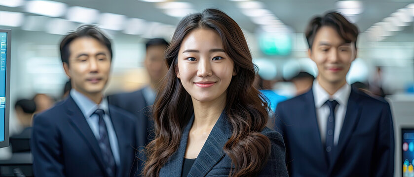 Confident businesswoman stands in office surrounded by colleagues during a collaborative meeting