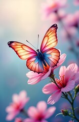 Colorful butterfly rests on lovely pink flower. Delicate flower petals surround vibrant butterfly. Nature scene close up shows beauty of flora, fauna. Springtime in garden. Charming insect. Macro