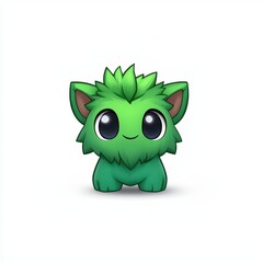 Fototapeta premium Cute fantasy mascot character with vibrant green fur and big sparkling eyes, ready for an adventure in a whimsical forest surroundings