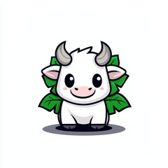 Fototapeta premium Cute fantasy mascot character featuring a cheerful cow surrounded by leafy greens in a whimsical and playful design, ideal for children's illustrations and branding