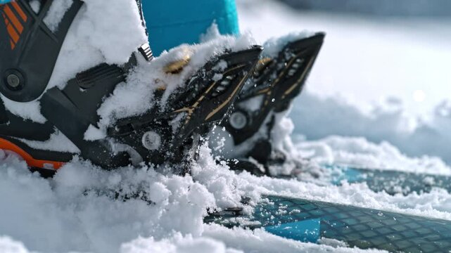 Detail shot of a ski binding on a ski , slow motion shot of the boot snapping into the binding