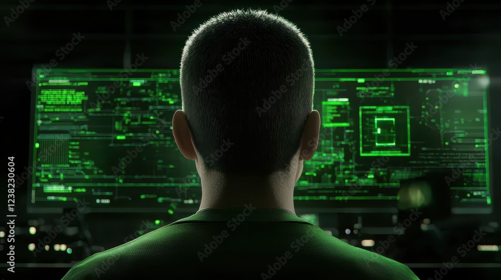 Poster man immersed in the digital world, captivating scene of focused work with computer screen bathed in 