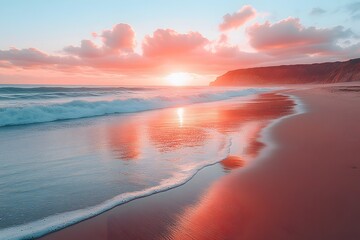 Fototapeta premium Serene Sunset Beachscape with Vibrant Reflections and Majestic Waves