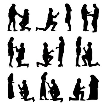 set of silhouettes of proposing couples, people, romantic couples, proposals, flat graphic resources	