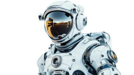 Futuristic astronaut suit with reflective visor on transparent background