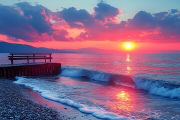 Tranquil Sunset Over Ocean Waves at Seaside Pier for Relaxation and Inspiration