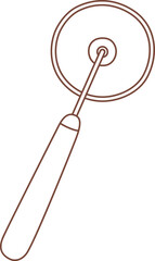 Brown outline of a pizza cutter featuring a round blade and a wooden handle, presented as an isolated vector illustration on a clean white background