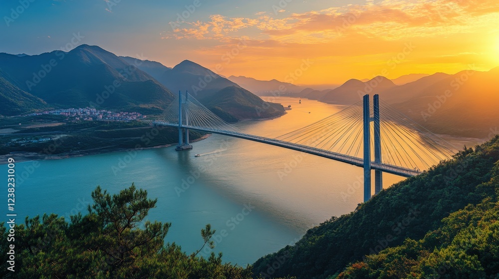 Poster modern bridge with sharp lines crossing a wide river.