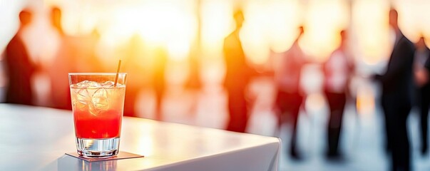 Networking event concept. Refreshing cocktail served in a glass with ice against a sunset background.