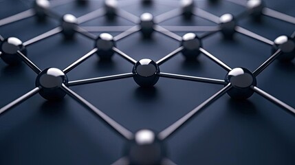Networking event concept. Detailed close-up of interconnected metallic spheres and lines representing a network.