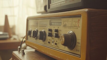 Obraz premium Close-up of a classic transistor radio with frequency dials sharply in focus
