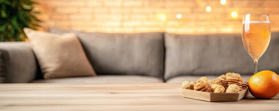 Reunion party idea. Cozy setting featuring a refreshing drink and delicious snacks on a stylish table.