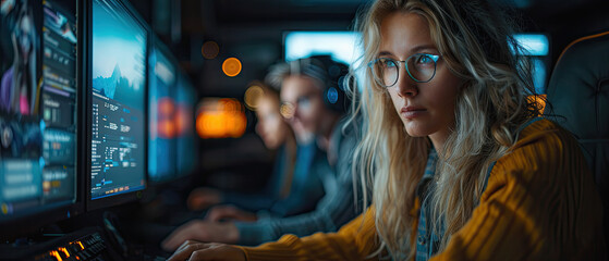 Fototapeta premium Focused gamer engaging in an intense online competition at a modern esports arena during the evening