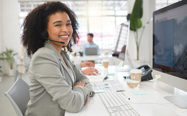 Advisor, computer or portrait of woman in call center for consulting, online help or loan advice....