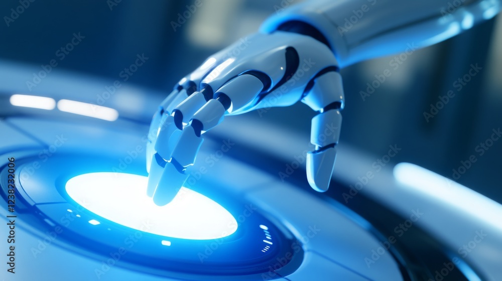 Leinwandbilder a close-up of a robotic hand reaching towards a glowing circular interface, symbolizing advanced tec