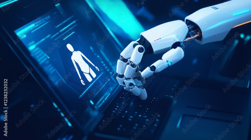 Poster a robotic hand interacts with a digital interface displaying a human figure, symbolizing the integra