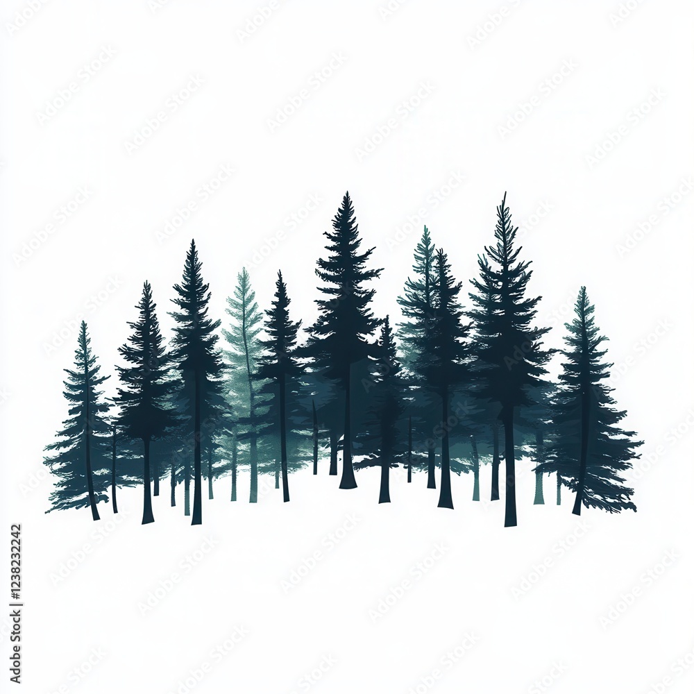 Poster minimalist forest design featuring simple trees, transparent background for versatile use in digital