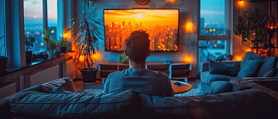 Watching a vibrant sunset over the city skyline from a cozy living room in the evening