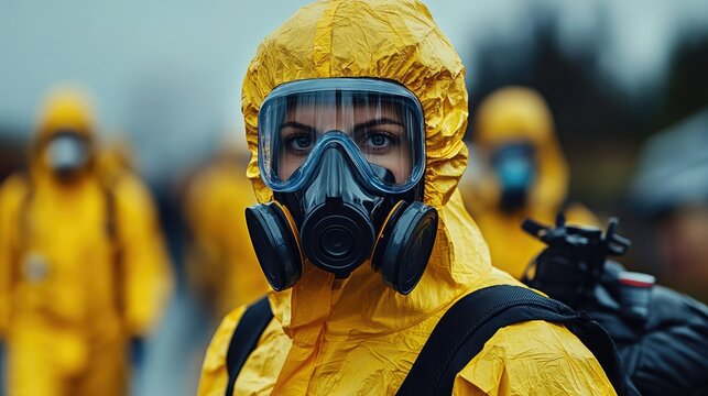 Hazardous materials response team member in protective suit engages in safety operations during a rainy day