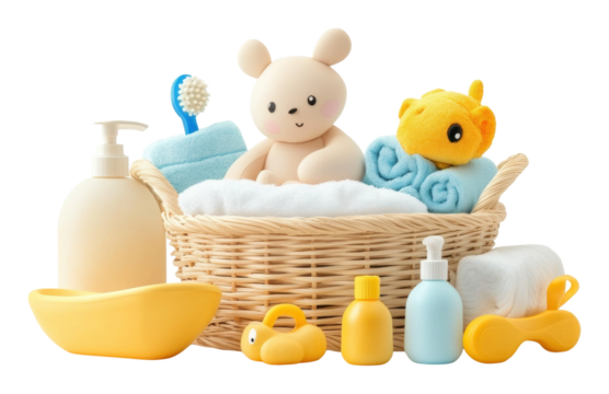 PNG Essential baby bath items arranged in a basket