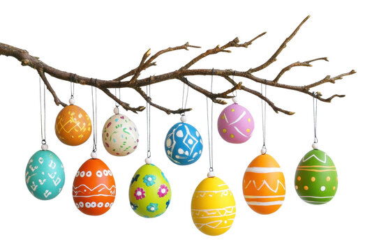 PNG Colorful Easter eggs hanging from a branch