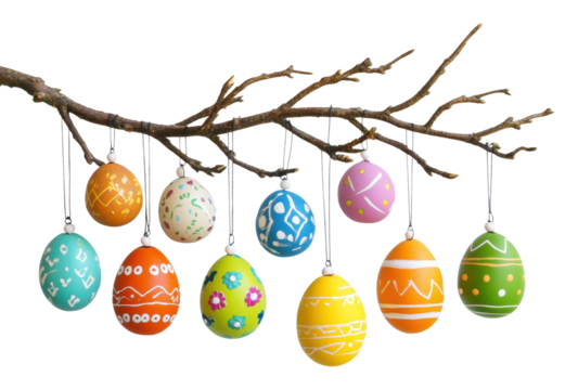 PNG Colorful Easter eggs hanging from a branch - Powered by Adobe