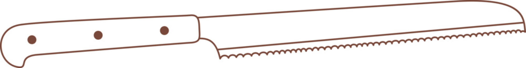 Bread knife with serrated blade and wooden handle cutting slices of bread, loaf, baguette, toast, sandwiches, bakery products, ideal for bakeries, restaurants, and home kitchens