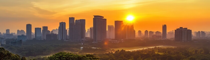Obraz premium Mesmerizing sunset over city skyline, a stunning urban panorama in warm hues majestic