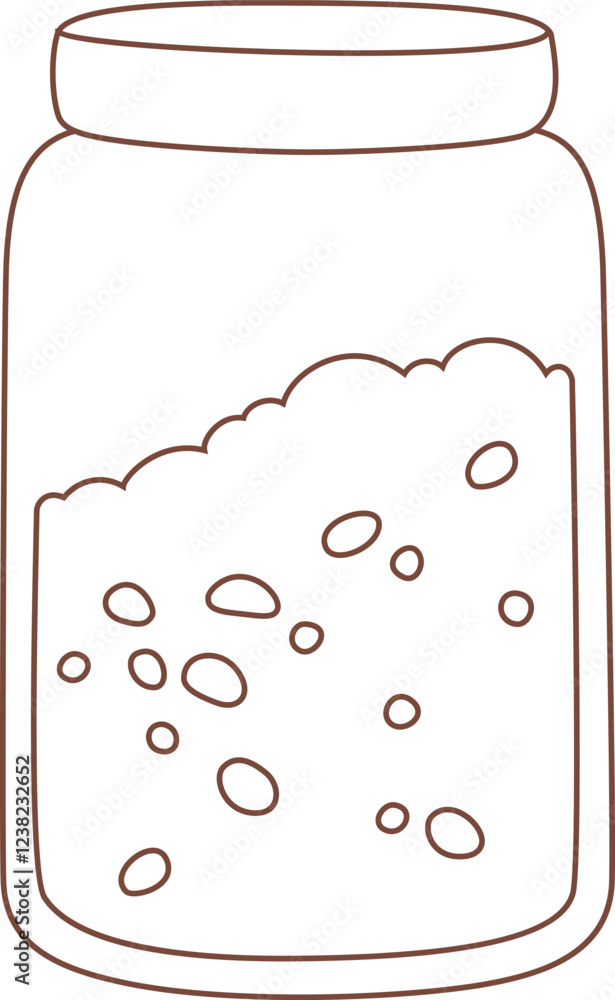 Poster simple brown line drawing representing a closed transparent jar containing a grainy substance with s