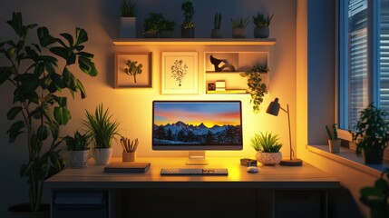 office nook featuring a compact desk, potted plants, and warm ambient lighting for a productive atmosphere