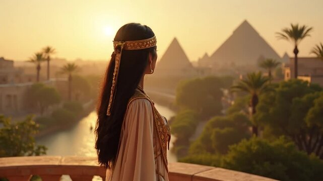 Cinematic portrait of Cleopatra, the last Pharaoh of Egypt, standing on a palace balcony at sunset. She wears elegant gold jewelry, with the Nile River and pyramids in the background.