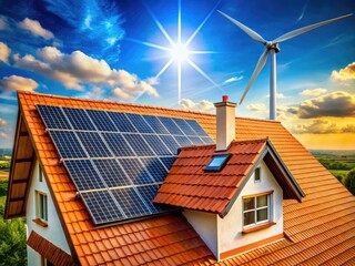 Fototapeta premium Solar panels and wind turbines: clean energy captured in stunning portrait photography.
