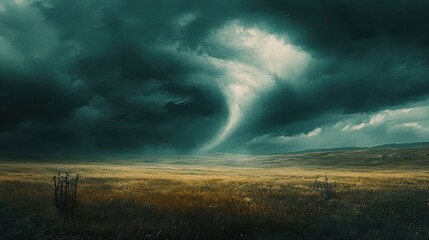 A powerful tornado swirling through a vast open field, symbolizing the unstoppable force of women.