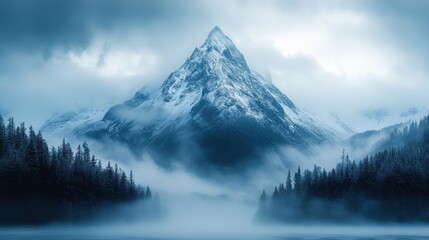 Majestic Snow-Covered Mountain Surrounded by Misty Forest. Generative AI