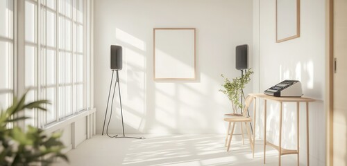 Clean and bright podcast studio with white walls natural wood accents and minimal clutter