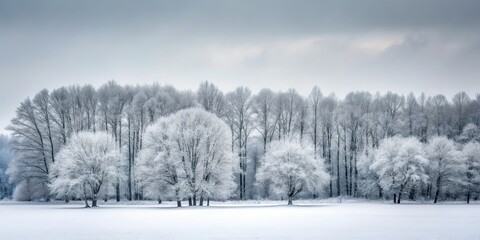 Obraz premium A lonely snow-covered forest with bare trees standing tall against a grey sky, Monochromatic colors, Traurigkeit im Winter