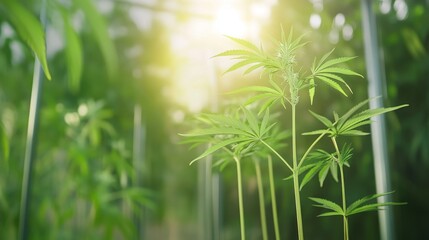 Lush Green Cannabis Plants Growing in a Greenhouse Under Sunlight Cannabis Cultivation